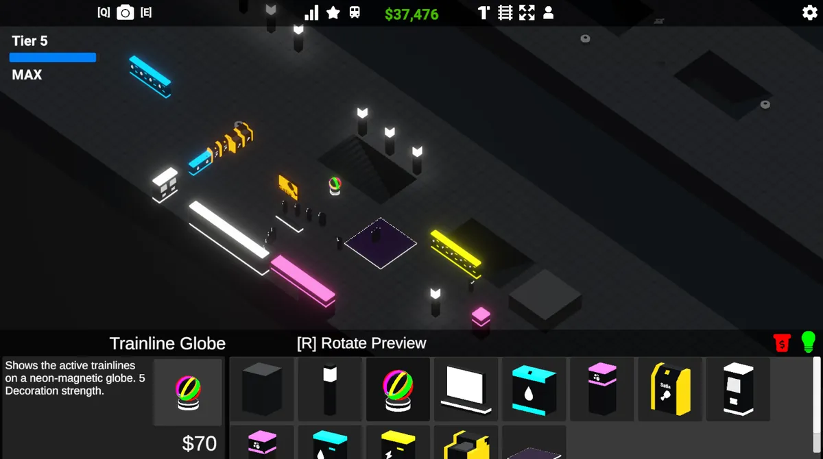 Cyber Station build menu: a Trainline Globe decoration selected, showing its price, decoration strength and a rotate preview hint, above a scrollable item catalogue